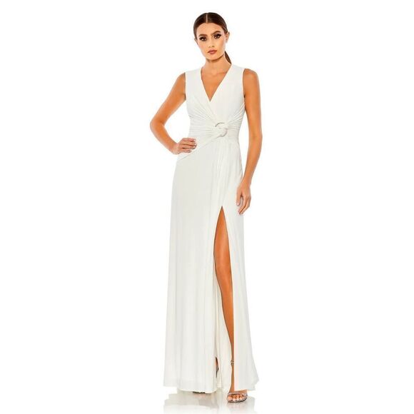 NWT Mac Duggal Draped Side Knot Jersey White Gown W/ Rhinestone Ring 20 - Picture 1 of 13